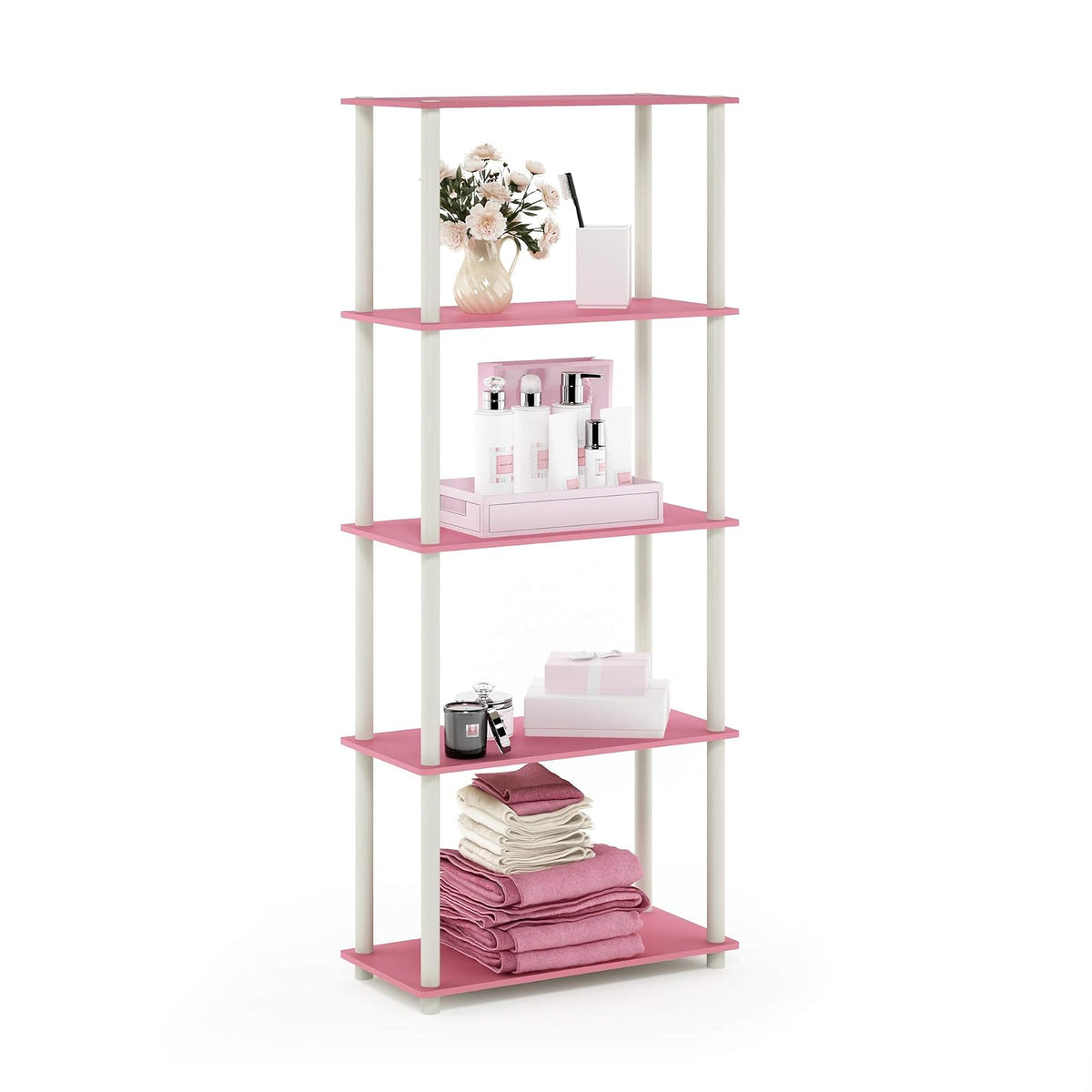 Furinno Turn-N-Tube Estante Multiusos de Almacenamiento de 5 Niveles, Tubo Redondo, Rosa con Blanco
