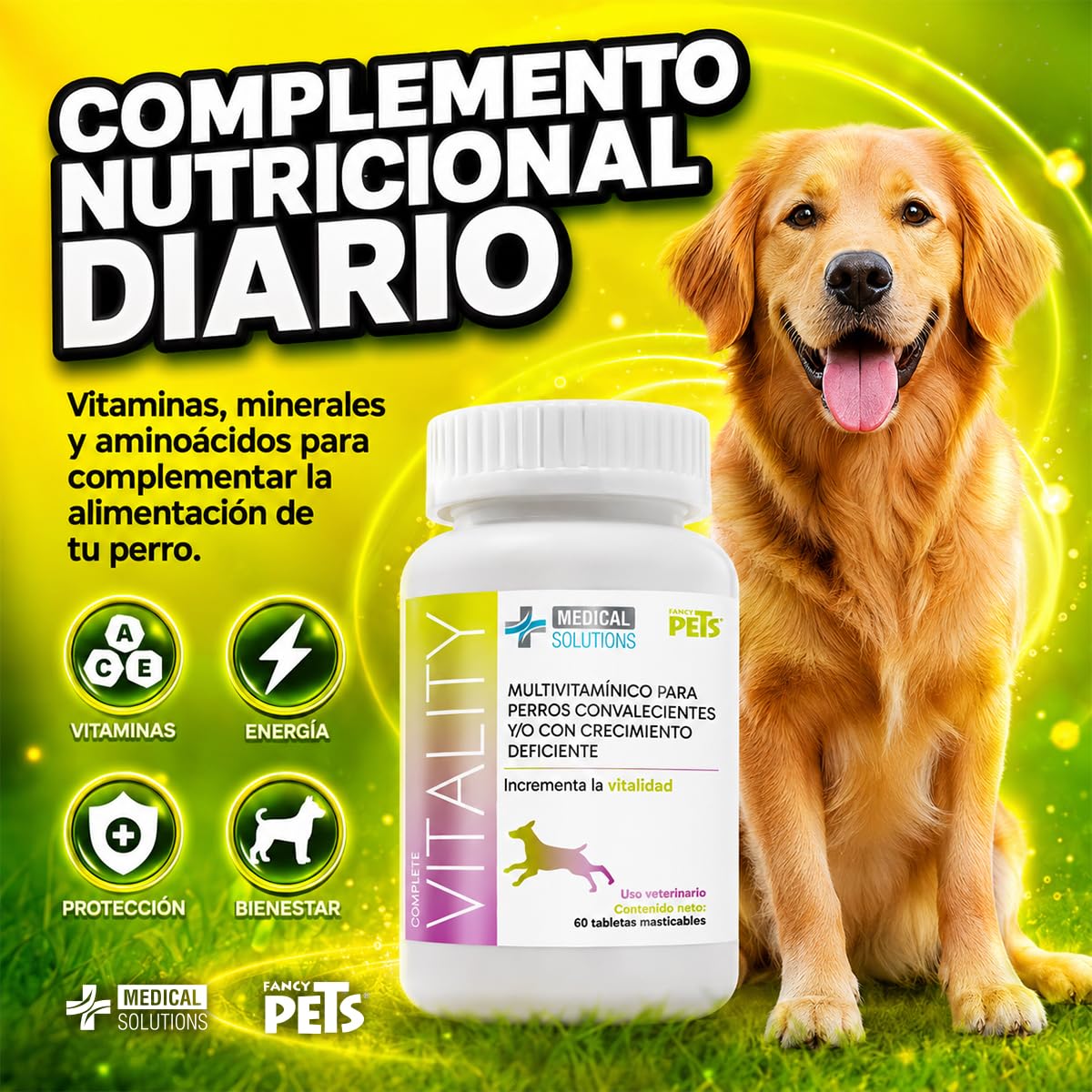 Fancy Pets Medical Solutions Complete Vitality Suplemento Alimenticio para Perros con Vitaminas Minerales L Taurina y L Metionina 60 Tabletas Masticables