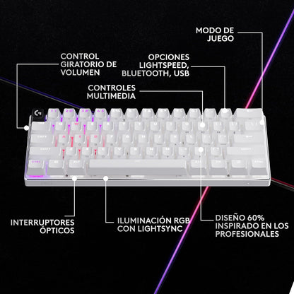 Logitech G Pro X 60 Lightspeed, Teclado inalámbrico para Juegos, 60% TKL mecánico Ultra Compacto para PC, RGB LIGHTSYNC, Teclas de PBT de Doble Moldeado, interruptores ópticos GX táctiles - Blanco