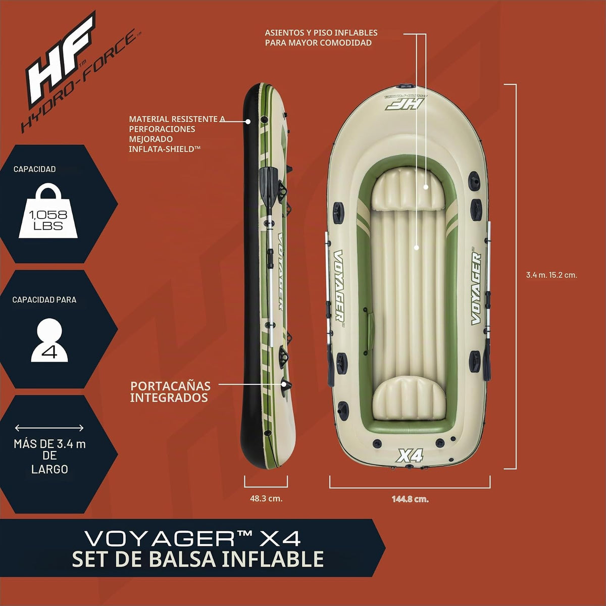 Hydro-Force 9'8" x 54" Voyager X3 Inflatable Raft Set | Fits Up to 3 Adults | Includes Boat, Aluminum Oars, Hand Pump, Gear Pouch, Carry Bag, Repair Patch Kit