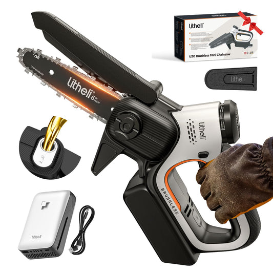 LiTHELi Motosierra Mini de 20V de 6 Pulgadas Sin Escobillas Portátil Inalámbrica con Batería de 2.0Ah y Cable, Motosierra Eléctrica de Corte Rápido de 450W 7.5m/s, Motosierra Auto-Engrasada Pequeña