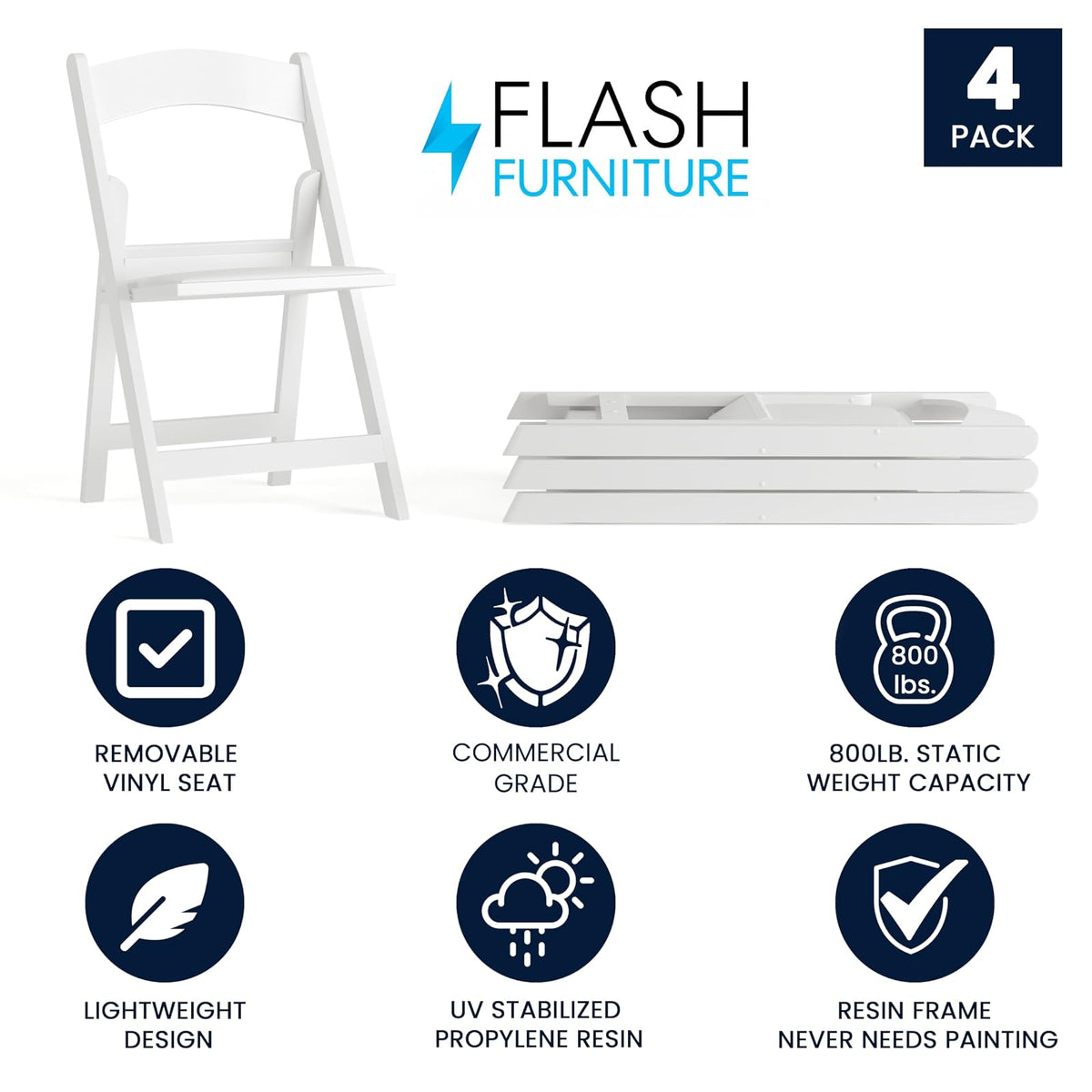 4 Pk. HERCULES™ 1000 lb. Capacity White Resin Folding Chair with White Vinyl Padded Seat