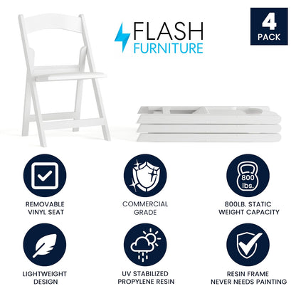 4 Pk. HERCULES™ 1000 lb. Capacity White Resin Folding Chair with White Vinyl Padded Seat