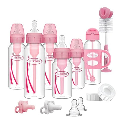 Dr. Brown's Anti-Colic Options+ Juego de regalo de botella de paja estrecha | Botellas rosadas de 4 onzas, botellas de 8 onzas, botella de popote, pezones de nivel 1 y 2, HappyPaci