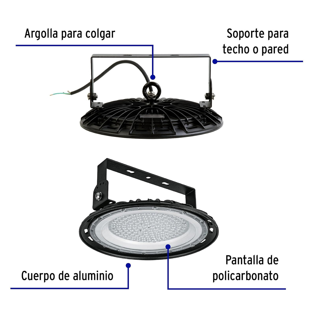 Volteck HB-100L, Luminario LED 100 W High Bay, luz blanca fría 6500K, color negro