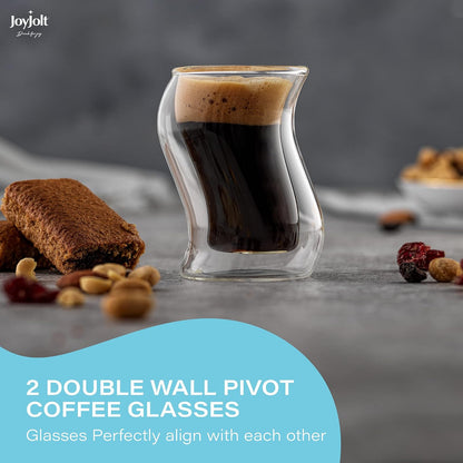 JoyJolt Pivot Espresso Shot Glass - Juego de 2 tazones de café expreso con diseño singular - Lentes de café expreso de doble pared para uso doméstico o profesional