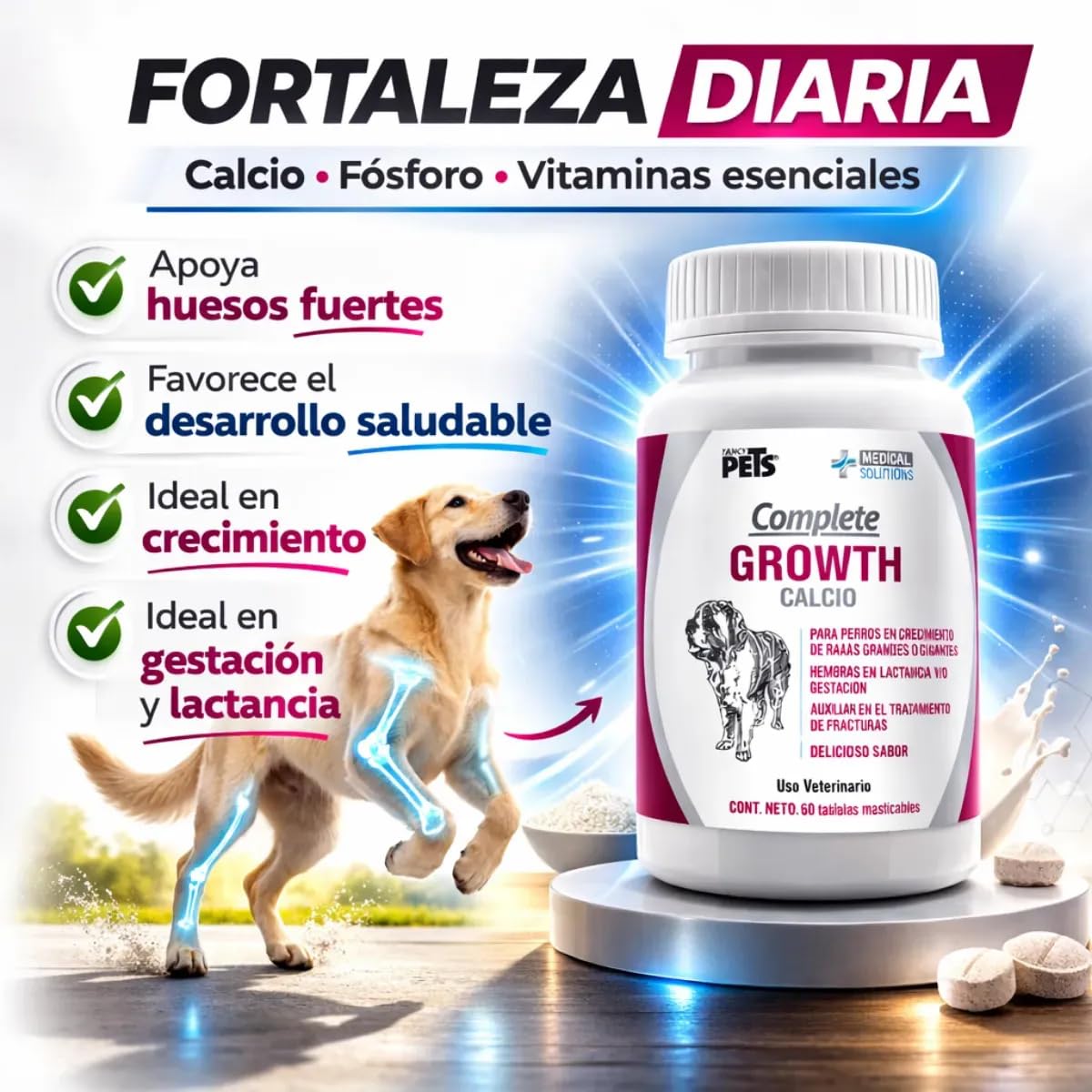 Fancy Pets MS Complete Growth Suplemento para Perros con Vitaminas, Minerales, Calcio, Fósforo y Omega 3 y 6 Tabletas Masticables 60 Tab