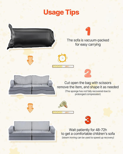 VEVOR Sofá Modular para Niños, Sofá Convertible Seccional de Esponja 28D y Pelo Corto con Reposabrazos, Combinación Creativa DIY para Sala de Juegos, Sala de Estar para Niños, 14 Piezas, Gris