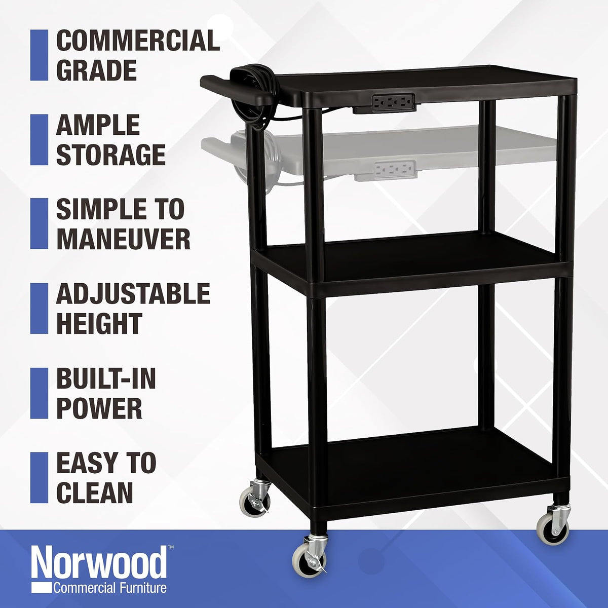 Norwood Commercial Furniture NOR-OUG1042-SO Adjustable-Height Mobile Black Plastic Utility AV Cart with Power Strip