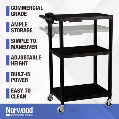 Norwood Commercial Furniture NOR-OUG1042-SO Adjustable-Height Mobile Black Plastic Utility AV Cart with Power Strip