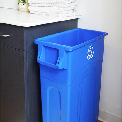 United Solutions Highboy Contenedor de reciclaje, 23 galones, perfil delgado que ahorra espacio y fácil extracción de bolsas para uso en interiores o exteriores, reciclaje azul