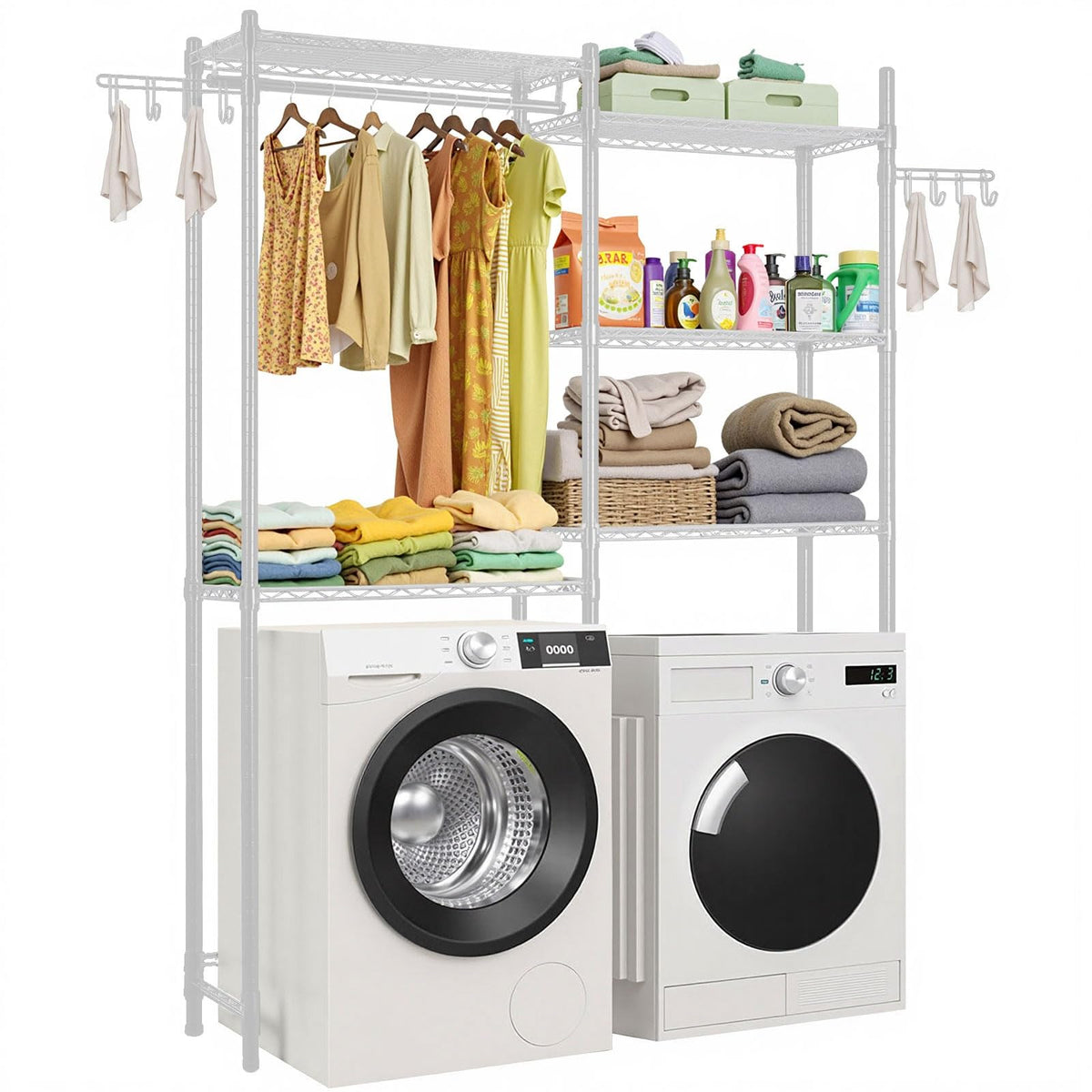 VEVOR - Estanterías de Almacenamiento para Lavadora y Secadora, 6 Niveles de lavandería con Barra de suspensión y Ganchos, Dos Filas de estantes Ajustables para Lavadora, Ahorro de Espacio, para - blanco - 5 pisos