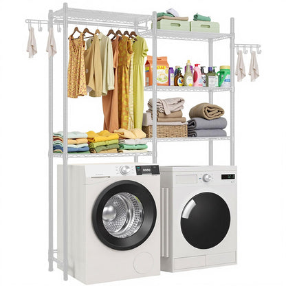 VEVOR - Estanterías de Almacenamiento para Lavadora y Secadora, 6 Niveles de lavandería con Barra de suspensión y Ganchos, Dos Filas de estantes Ajustables para Lavadora, Ahorro de Espacio, para - blanco - 5 pisos