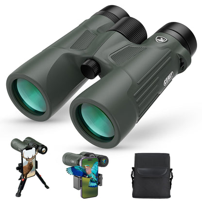 Gosky - Prismáticos HD de 10 x 42 para Adultos con Adaptador de teléfono, prismáticos de Alta Potencia con Prisma BAK4 y Lente FMC, prismáticos Impermeables para observación de Aves, Caza, Viajes,