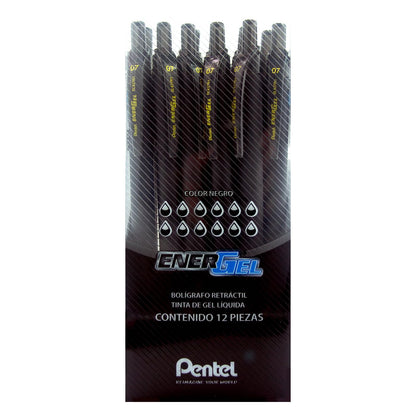 Pentel Energel Bolígrafo Tinta Gel Líquida, Retráctil, Punto Fino, 0.7 mm, Tinta Negra, Caja con 12 Piezas, -A