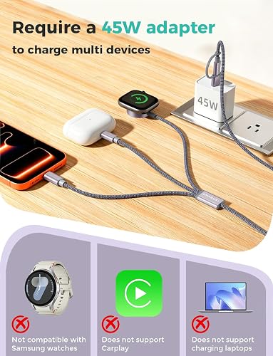 Travel Essentials, cable USB C 3 en 2 para cargador de Apple Watch, cargador de iPhone, cable de carga múltiple, artículos esenciales para caravanas y campamentos, portátil para iWatch Series 11-2