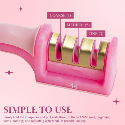 Paris Hilton Afilador de cuchillos de 3 etapas, afilador de cuchillos de cocina profesional con mango ergonómico, base antideslizante y etapas de afilado gruesas, medias y finas, color rosa