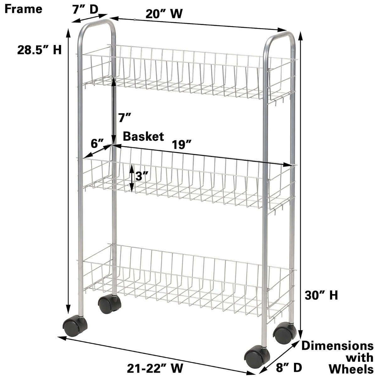 Household Essentials Slim Line 3-Tier Metal Cesta de la Compra, Color Plateado Satinado