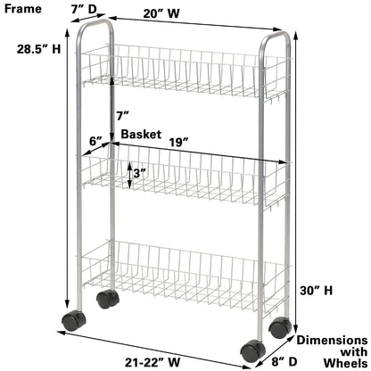 Household Essentials Slim Line 3-Tier Metal Cesta de la Compra, Color Plateado Satinado