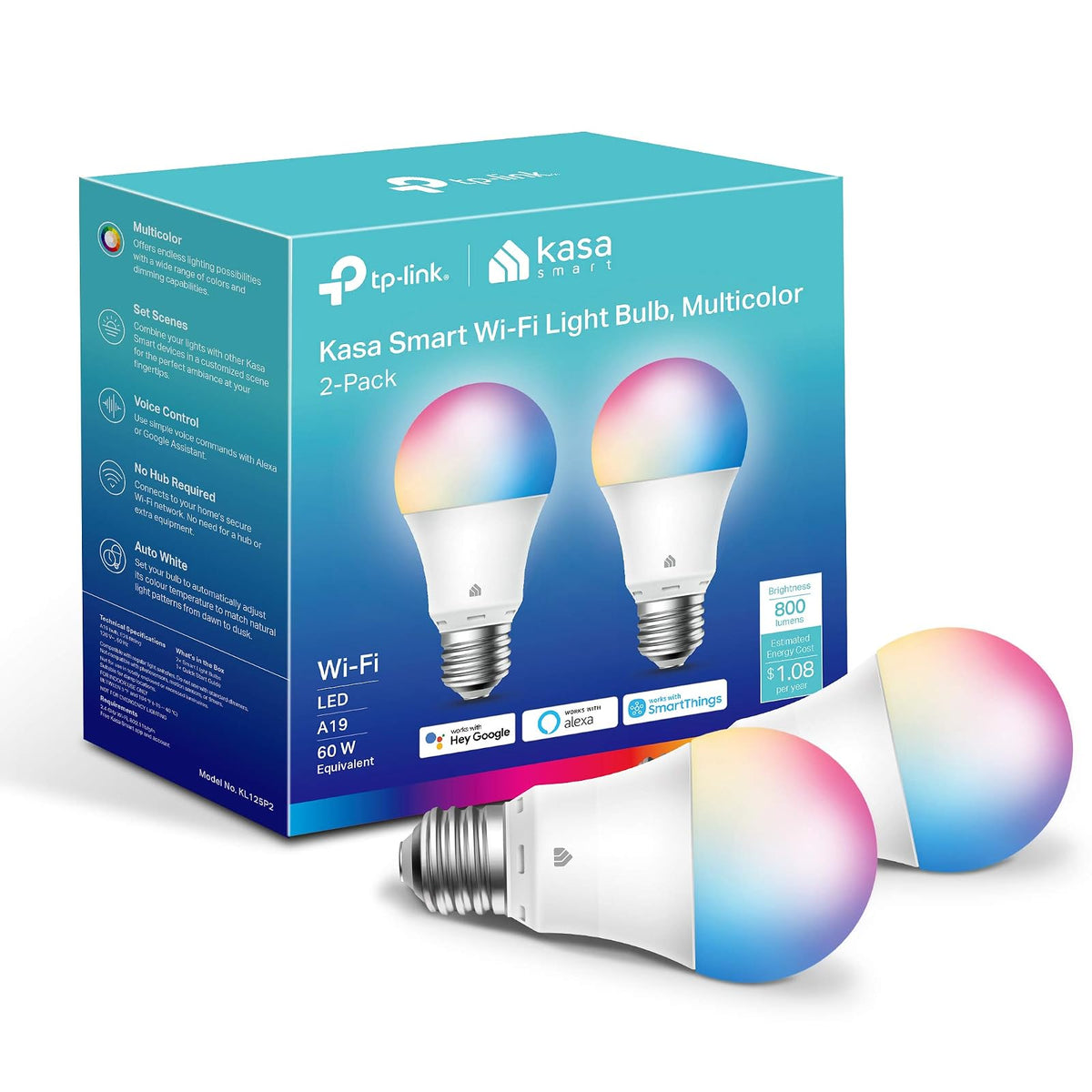 Kasa Smart Light Bulbs, Full Color Changing Dimmable Smart WiFi Bulbs Works 2-Pack (KL125P2), multicolor + KL110 - Bombilla LED Smart Wi-Fi Alexa funciona con Alexa y Google Home,800 lm, blanco suave