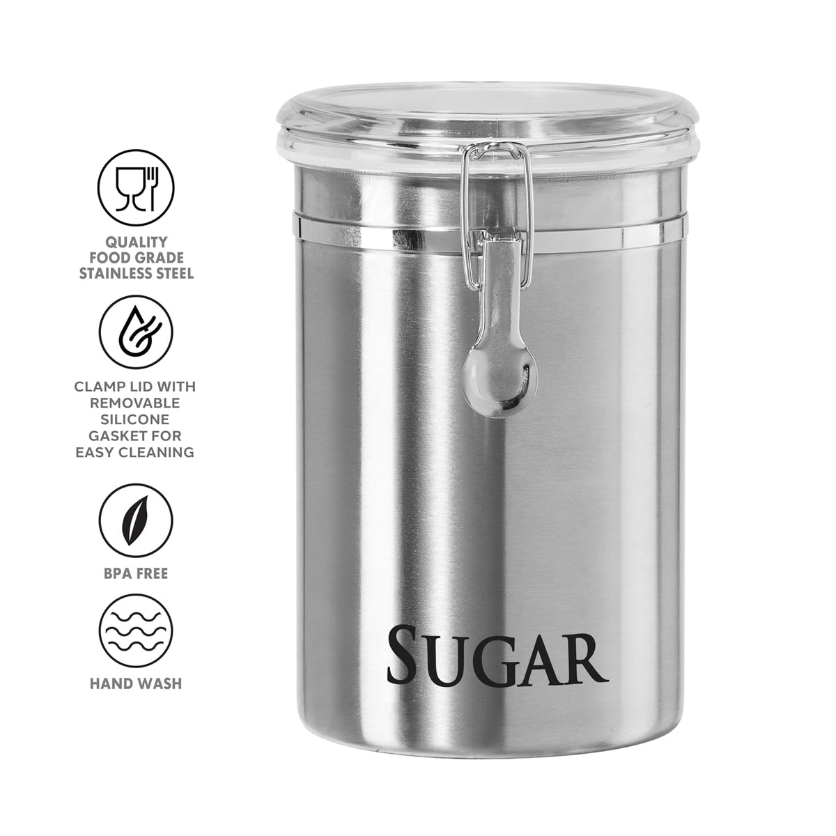 Oggi - Bote de azúcar de acero inoxidable de 60 onzas líquidas, tapa hermética, parte superior transparente transparente – Contenedor de azúcar ideal para encimera, tarro de azúcar, almacenamiento de
