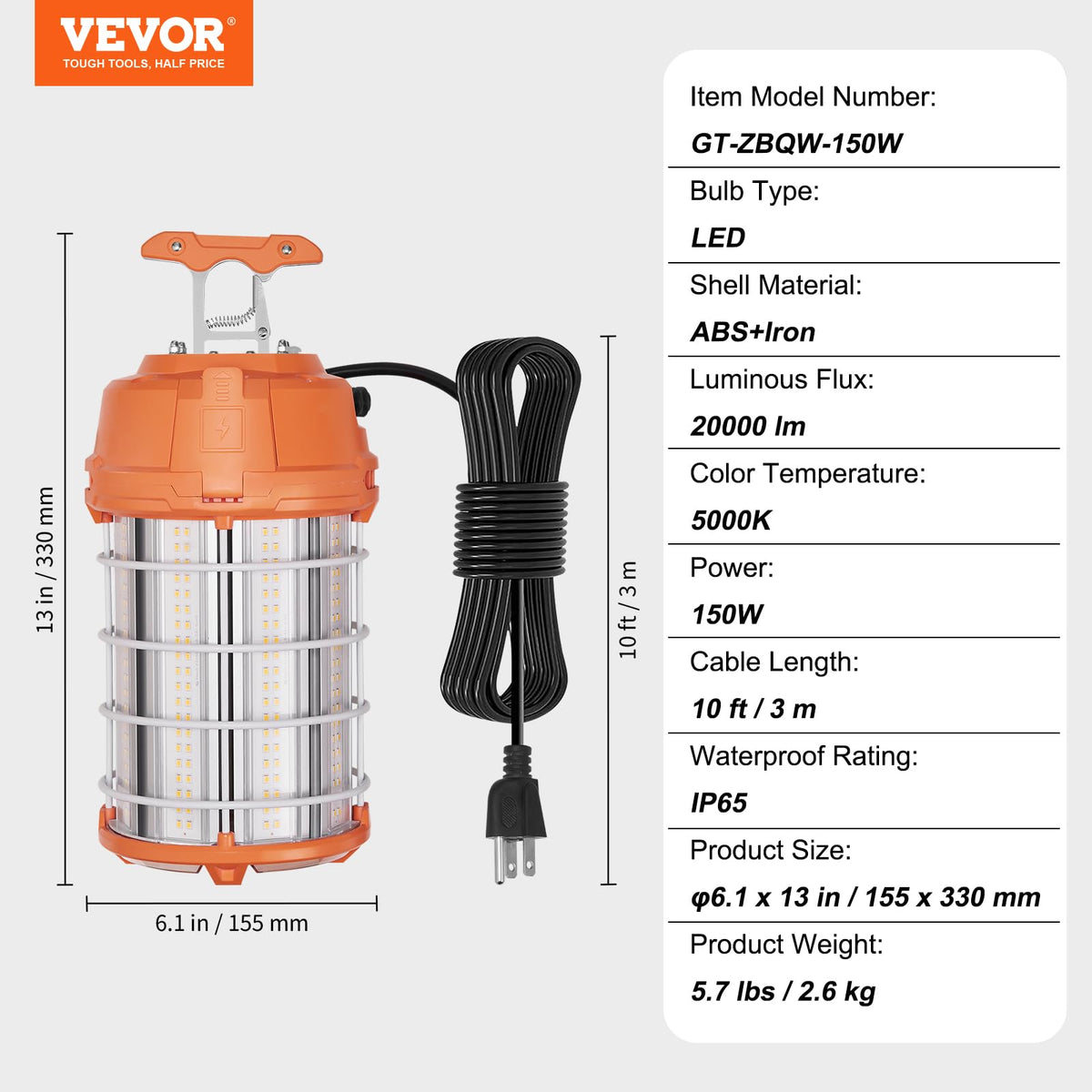VEVOR - Luz LED de trabajo temporal, 150 W, 20000 lm, luces de construcción portátil de 5000 K, súper brillante e impermeable y conectada hasta 6 luces, iluminación colgante en el lugar de trabajo