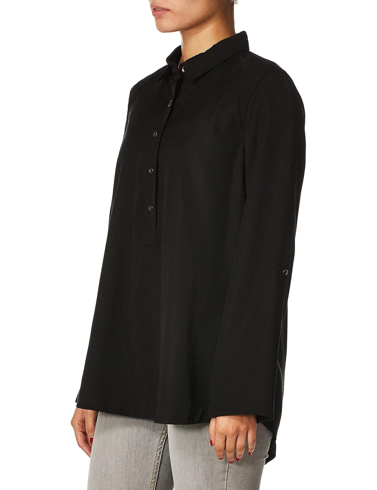 SLIM-SATION Long Sleeve Roll Tab 1/2 Button Front High- Low Shirt Blusa Mujer