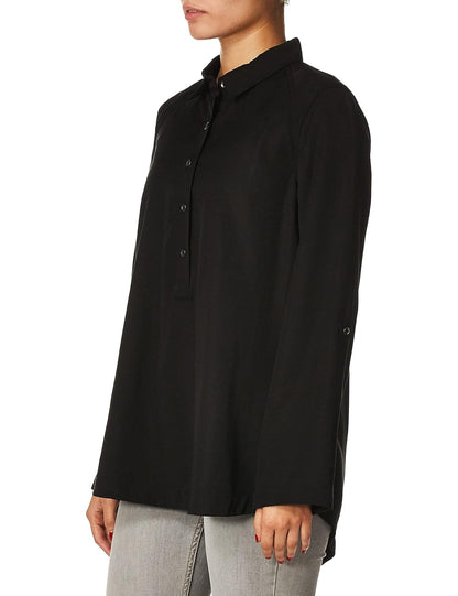 SLIM-SATION Long Sleeve Roll Tab 1/2 Button Front High- Low Shirt Blusa Mujer
