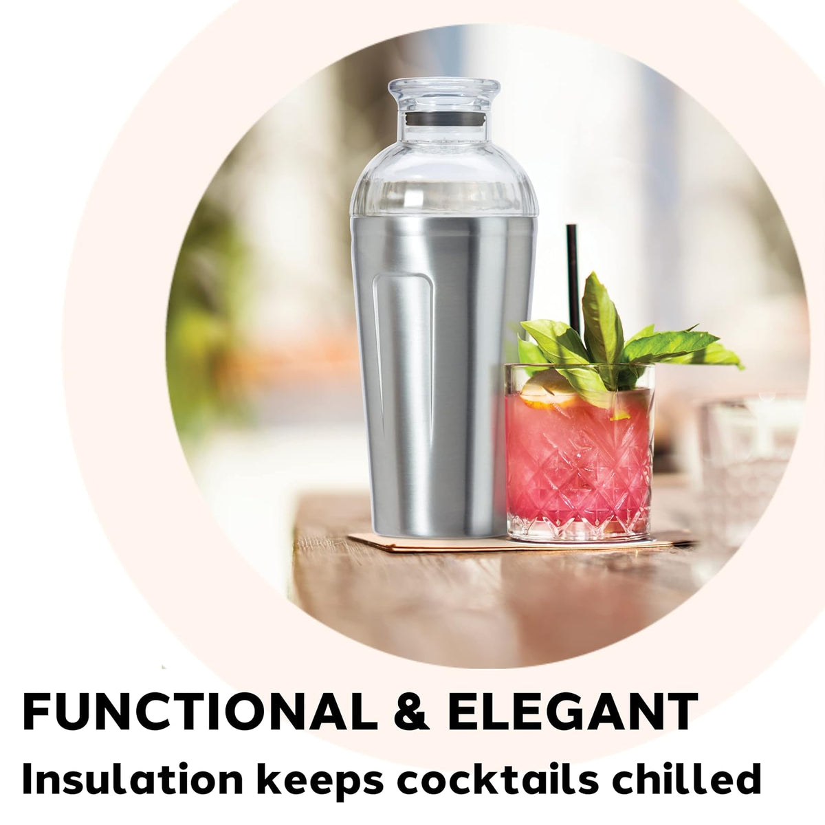 Oggi Groove - Coctelera aislada de acero inoxidable, de doble pared aislada al aspiradora, de 16 onzas, tapa Tritan tiene colador integrado, mezclador de cóctel ideal, coctelera Martini, coctelera Margarita, acero inoxidable