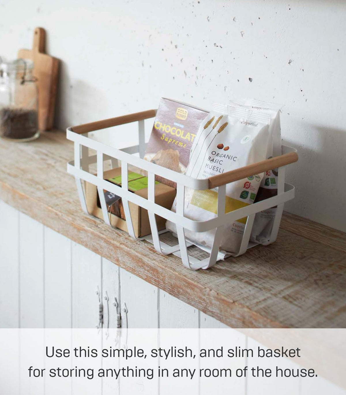 YAMAZAKI Home 2507 Organizador de cesta de almacenamiento con doble asa, talla única, color blanco