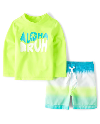 The Children's Place Traje de Baño Rashguard 2 Piezas con UPF 50+ para Niño - 3 Años - Aloha Bruh