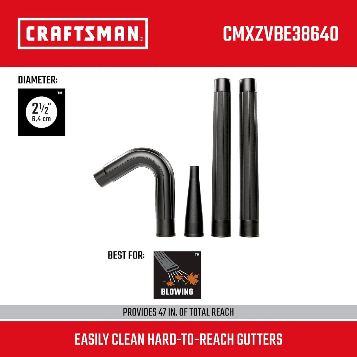 Craftsman CMXZVBE38640 2-1/2 Pulgadas. Kit de Accesorio para aspiradora de Limpieza de canalones, Apto para aspiradora de Grado Industrial para Limpiar o soplar residuos de canalones, se Adapta a