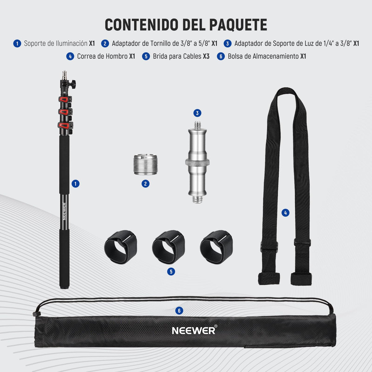 NEEWER 7.5ft/230cm Soporte Boom Pole, Portable Telescópico Alumino Soporte Luz con 1/4" 3/8" 5/8" Tornillo/Flip Bloqueo/Correa de Hombro para Strobe Flash Micrófono, MAX. Carga 11LB/5KG, MS-230C