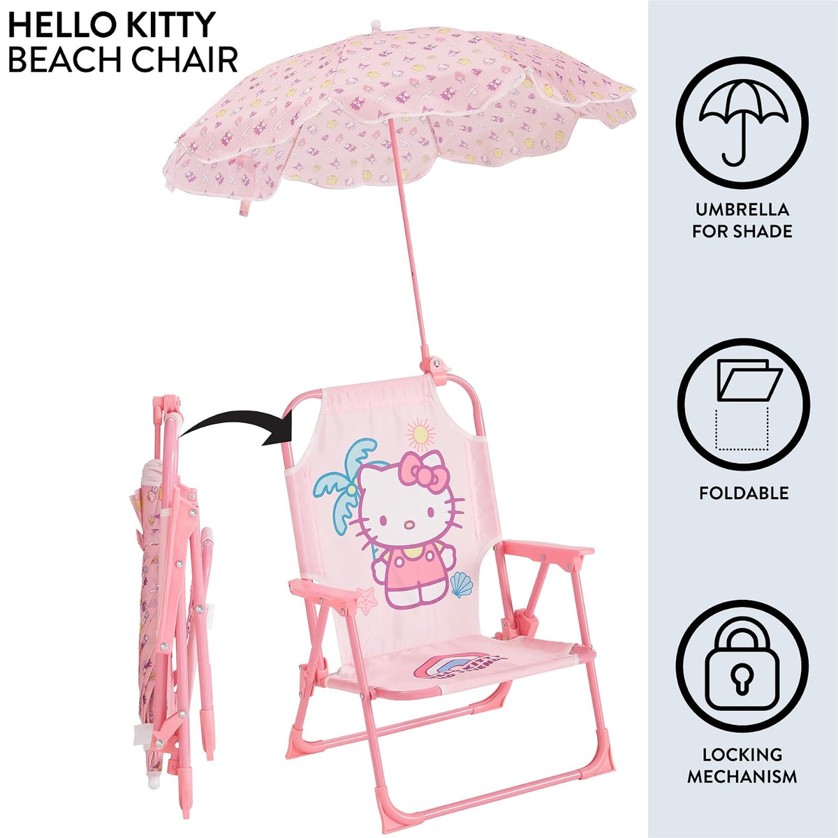 Idea Nuova Sanrio Hello Kitty - Silla de Playa Plegable para niños con sombrillas, Silla de Campamento portátil para niños a Partir de 3 años, Ligera y compacta para Playa, Campamento y Patio Trasero