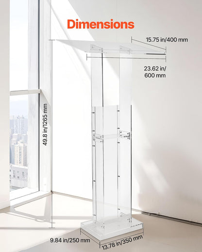 VEVOR Soporte de Podio de Acrílico Altura de 126,5 cm Atril de Pie Portátil con Superficie de Lectura 60 x 40 cm, Estante de Almacenamiento para Aulas, Bodas, Conferencias, Discursos, Conciertos