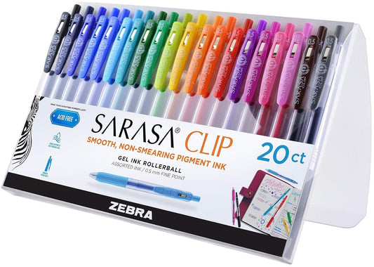 Zebra Pen Sarasa Bolígrafos retráctil de tinta de gel, de clip, Colores Variados, Fine Point/0.5mm/20 Count