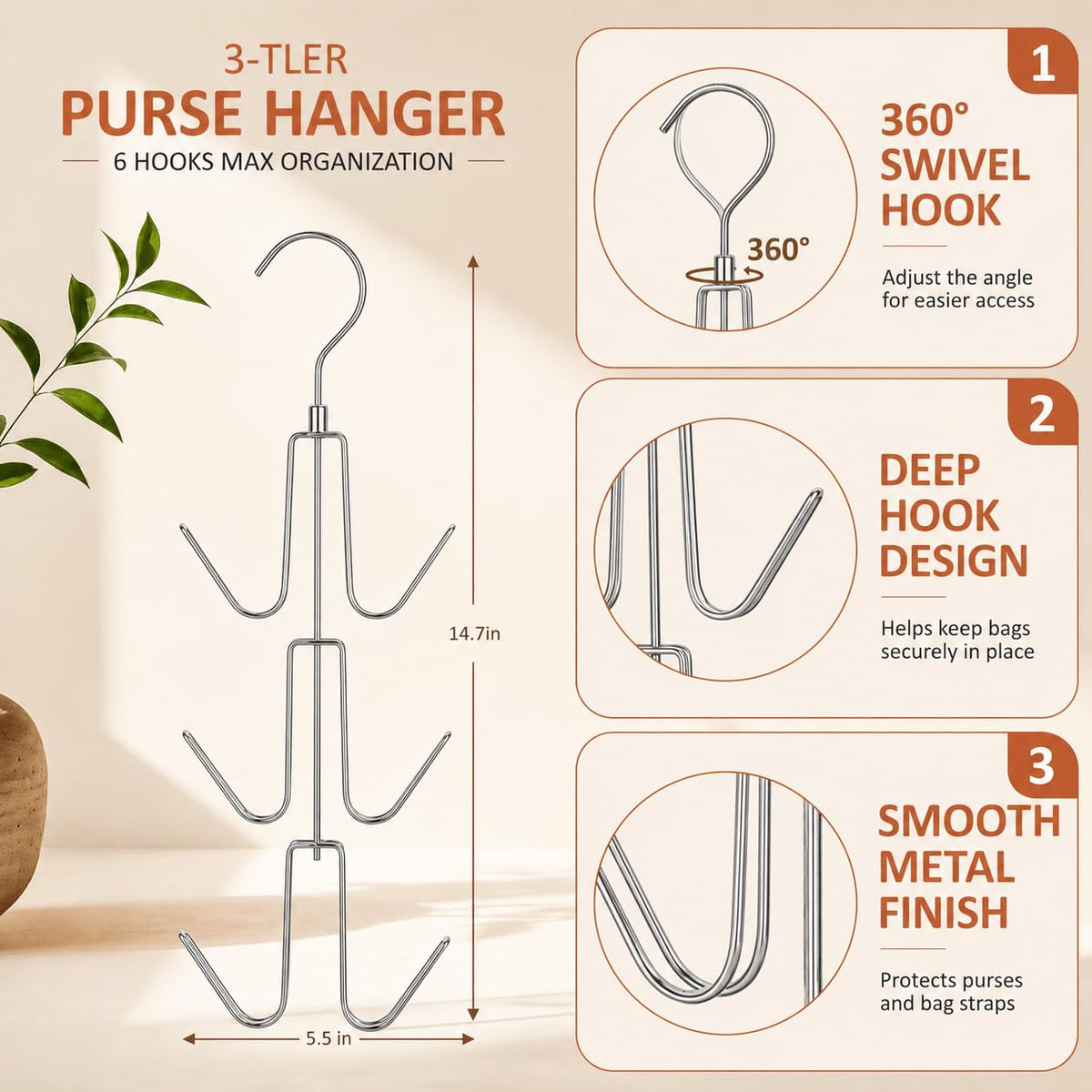 ZEDODIER Organizador para Colgar Bolsos para clóset, 2 Unidades de Soporte para Bolsas Colgantes, manteniendo los Bolsos visibles y en Buenas Condiciones, Gancho de Almacenamiento de Metal para Bolso