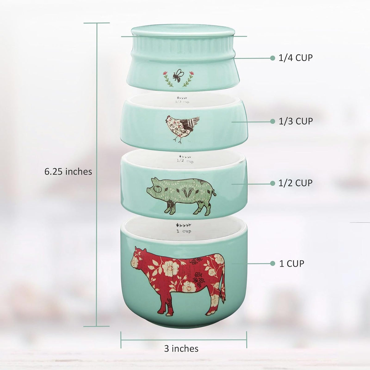 Pavilion Gift Company Live Simply Bee - Tazas medidoras de pollo y vaca, color verde azulado