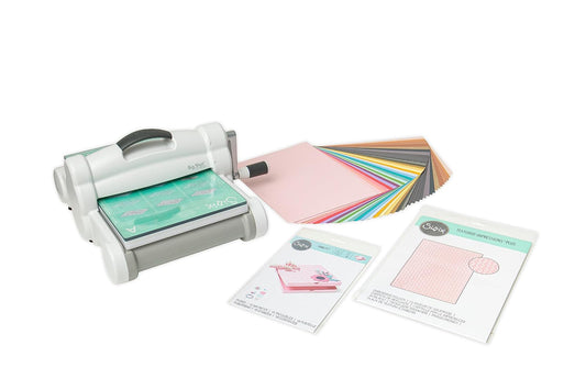 Sizzix Big Shot Plus Kit de Inicio 9 Pulgadas | Blanco/Gris, 20 troqueles, 20 cartulinas, corte y repujado, multiusos