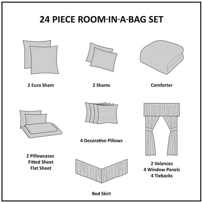 Madison Park Essentials Edredón Brystol Queen | 24 piezas, café, cachemira jacquard, seda sintética, hipoalergénico, juego para habitación