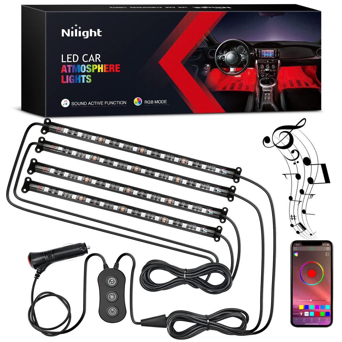 Nilight - Luces interiores de automóviles con control de aplicación, 16 millones de colores RGB, tira de luces con modo de sincronización de música y múltiples opciones de escena para automóviles
