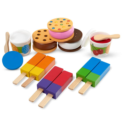 Melissa & Doug Set de Golosinas Congeladas de Juguete | 24 piezas, alimento de juguete rebanable, 6 galletas, rellenos de helado, paletas de hielo, cucharas, tazas, tapas