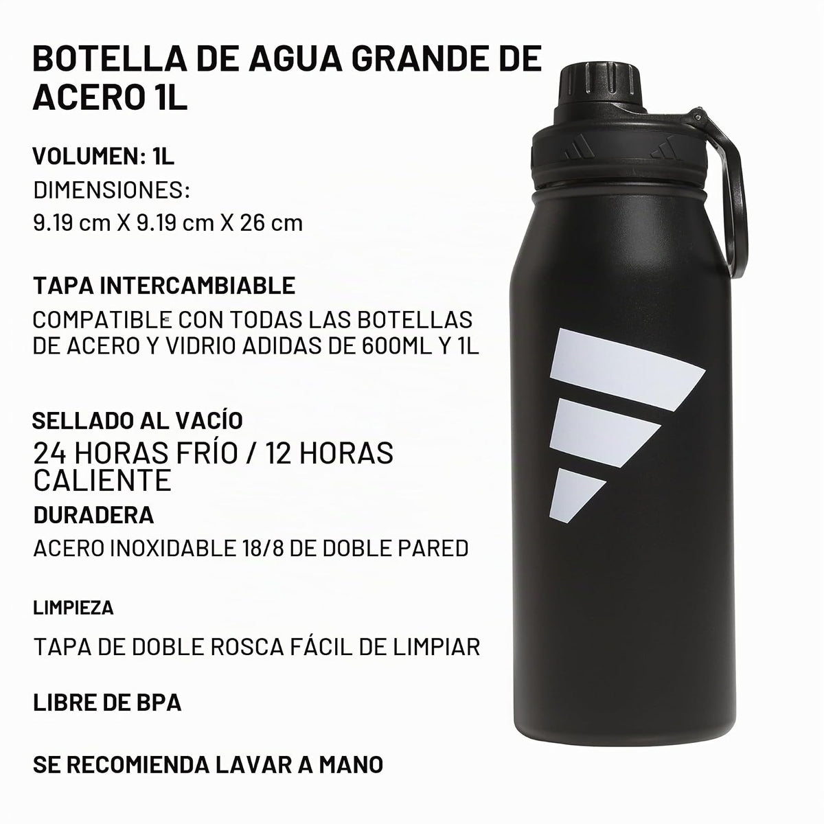 Adidas Botella de Acero Inoxidable 1L Doble Pared Negro/Blanco