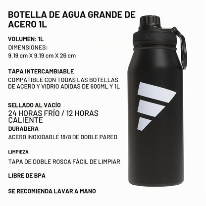 Adidas Botella de Acero Inoxidable 1L Doble Pared Negro/Blanco