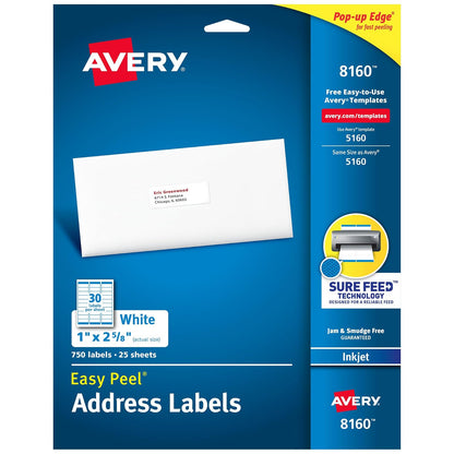 Avery Etiqueta Inkjet 2.5 x 6.7 cm, 750 etiquetas, blanco