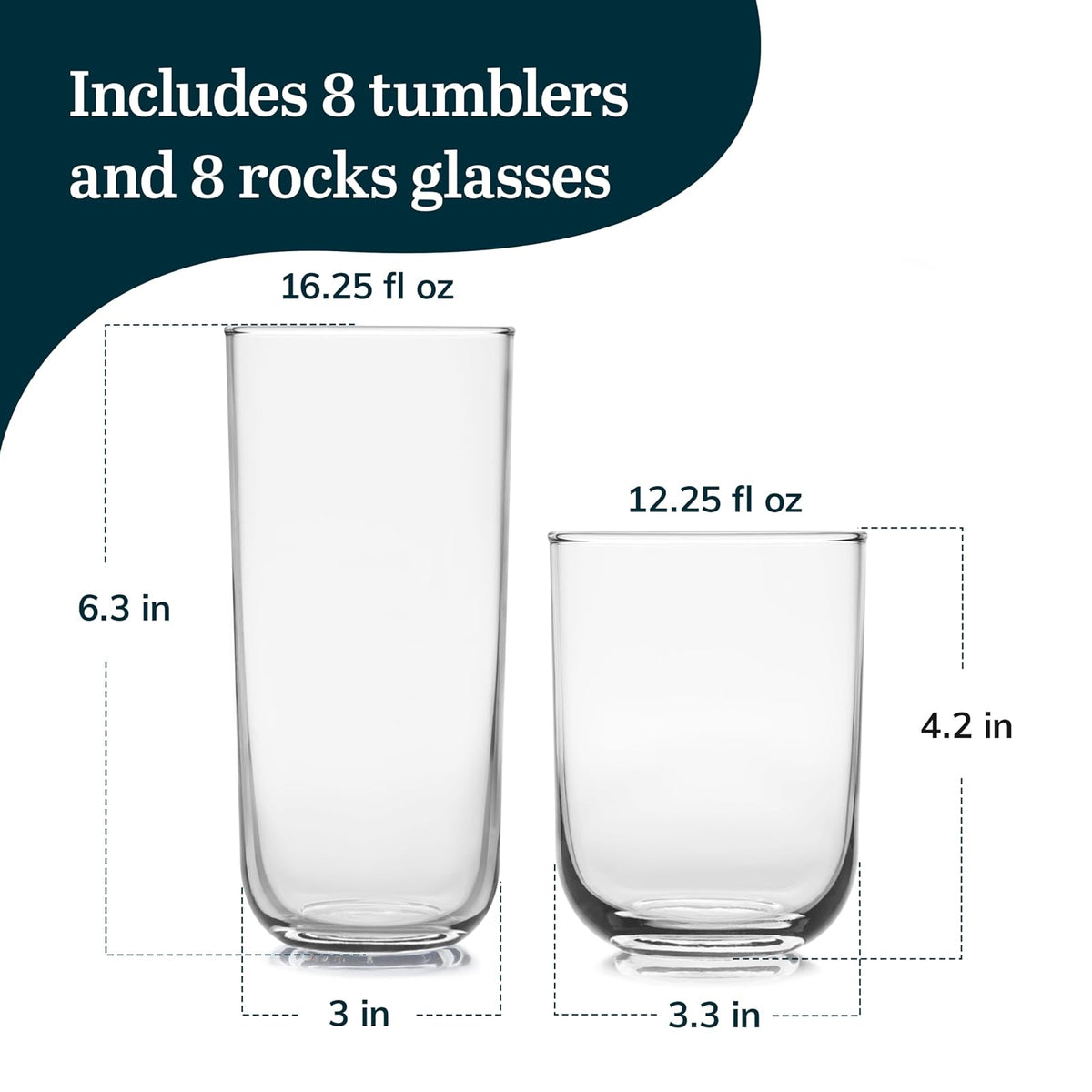 Libbey Juego de 16 vasos de vidrio Polaris Axis altos y Old Fashioned, 518 cm y 444 ml