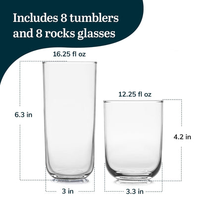 Libbey Juego de 16 vasos de vidrio Polaris Axis altos y Old Fashioned, 518 cm y 444 ml