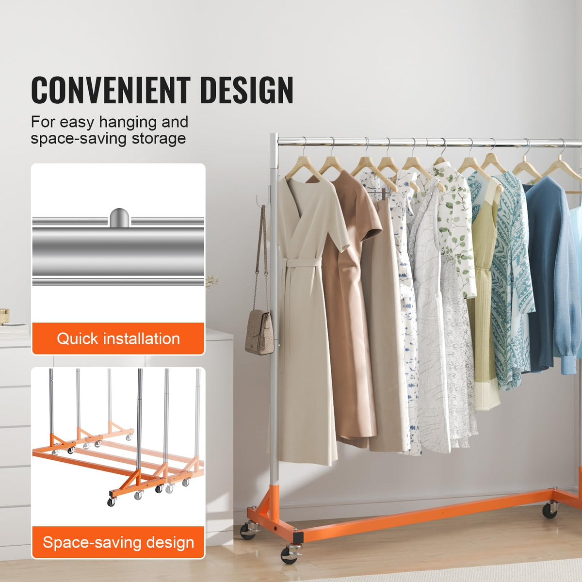VEVOR Perchero Burro para Ropa en Z 60 x 159 x 180 cm Perchero Resistente con 4 Ruedas, Acero Inoxidable, Capacidad de 80 kg, Perchero Comercial con Base en Forma de Z con 2 Ganchos, Color Naranja