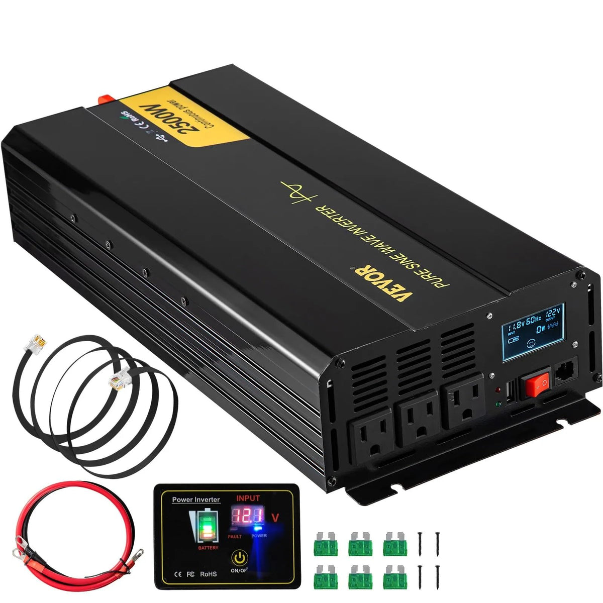 VEVOR Inversor de Onda sinusoidal Pura, inversor de Corriente de 2500 vatios, inversor de CC 12 V a CA 120 V, con Puerto USB, visualización LCD y convertidor de energía de Control Remoto, para RV,
