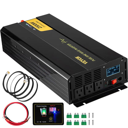 VEVOR Inversor de Onda sinusoidal Pura, inversor de Corriente de 2500 vatios, inversor de CC 12 V a CA 120 V, con Puerto USB, visualización LCD y convertidor de energía de Control Remoto, para RV,